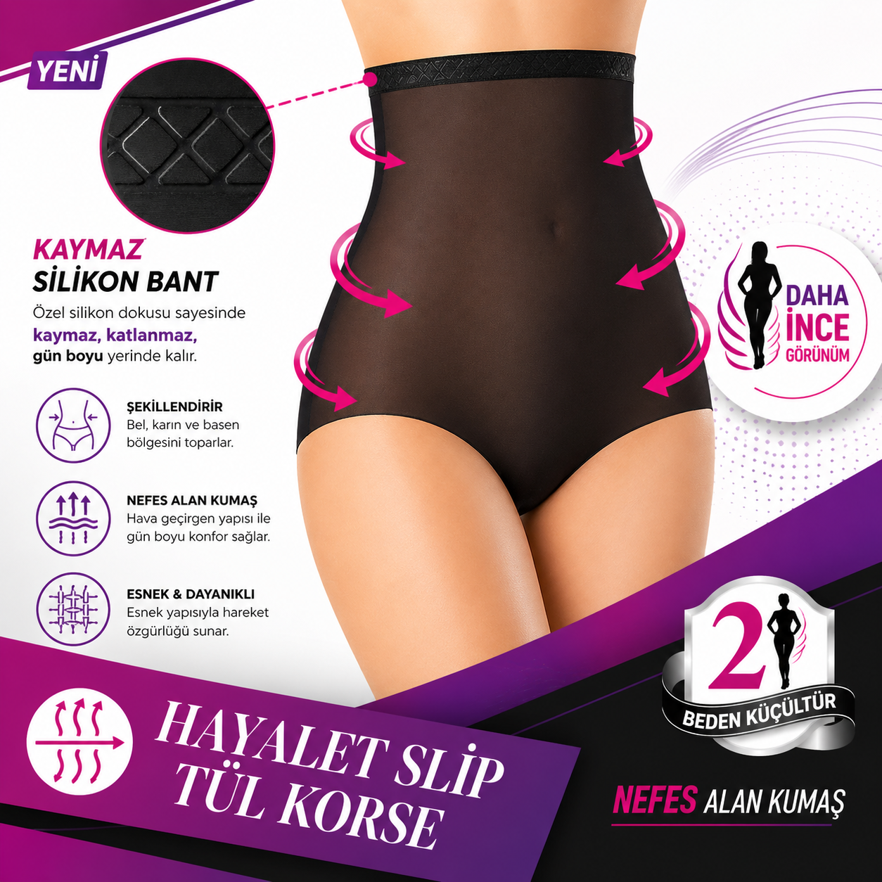 LUMERA Yüksek Bel Hayalet Tül Slip Korse (Dikişsiz/2 Beden İncelten Etki)